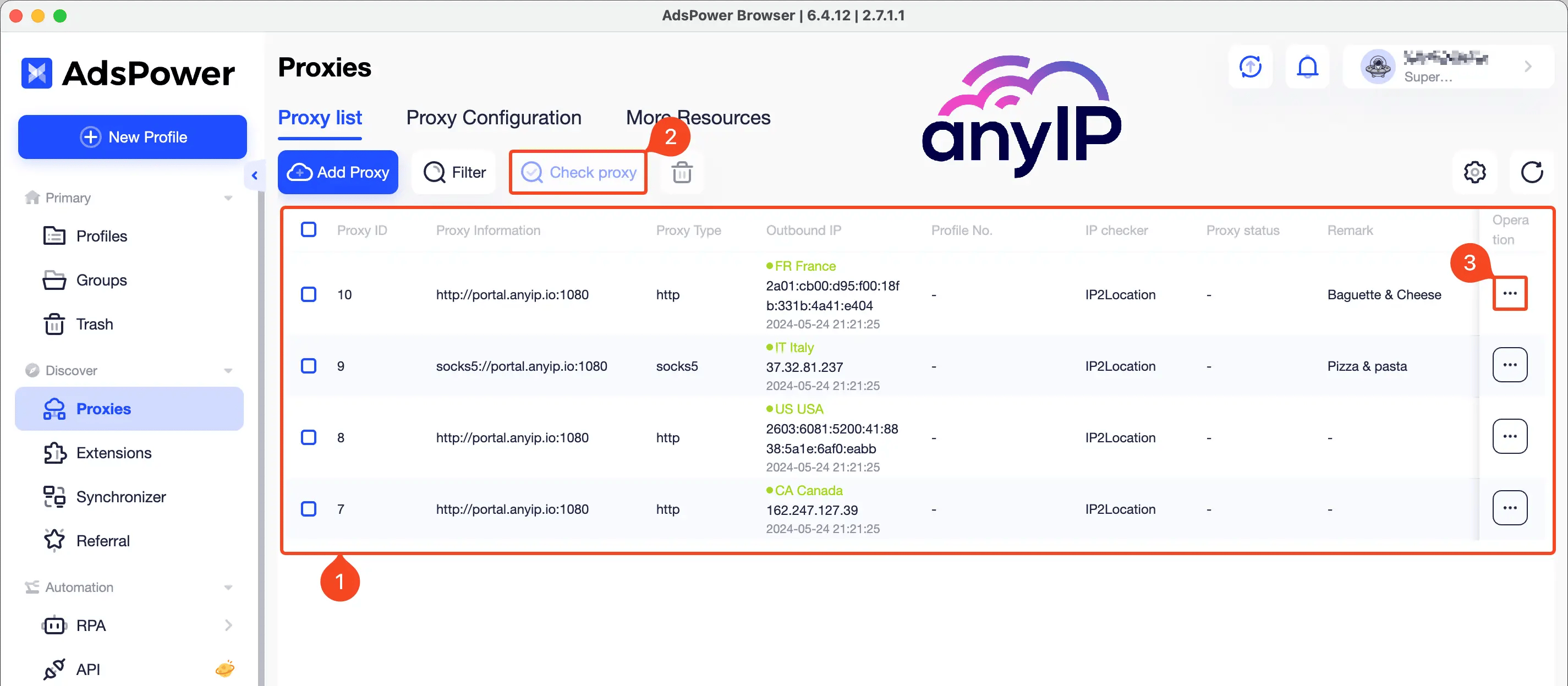 Step-by-step guide to check the proxy connection on the Adspower proxy’s list