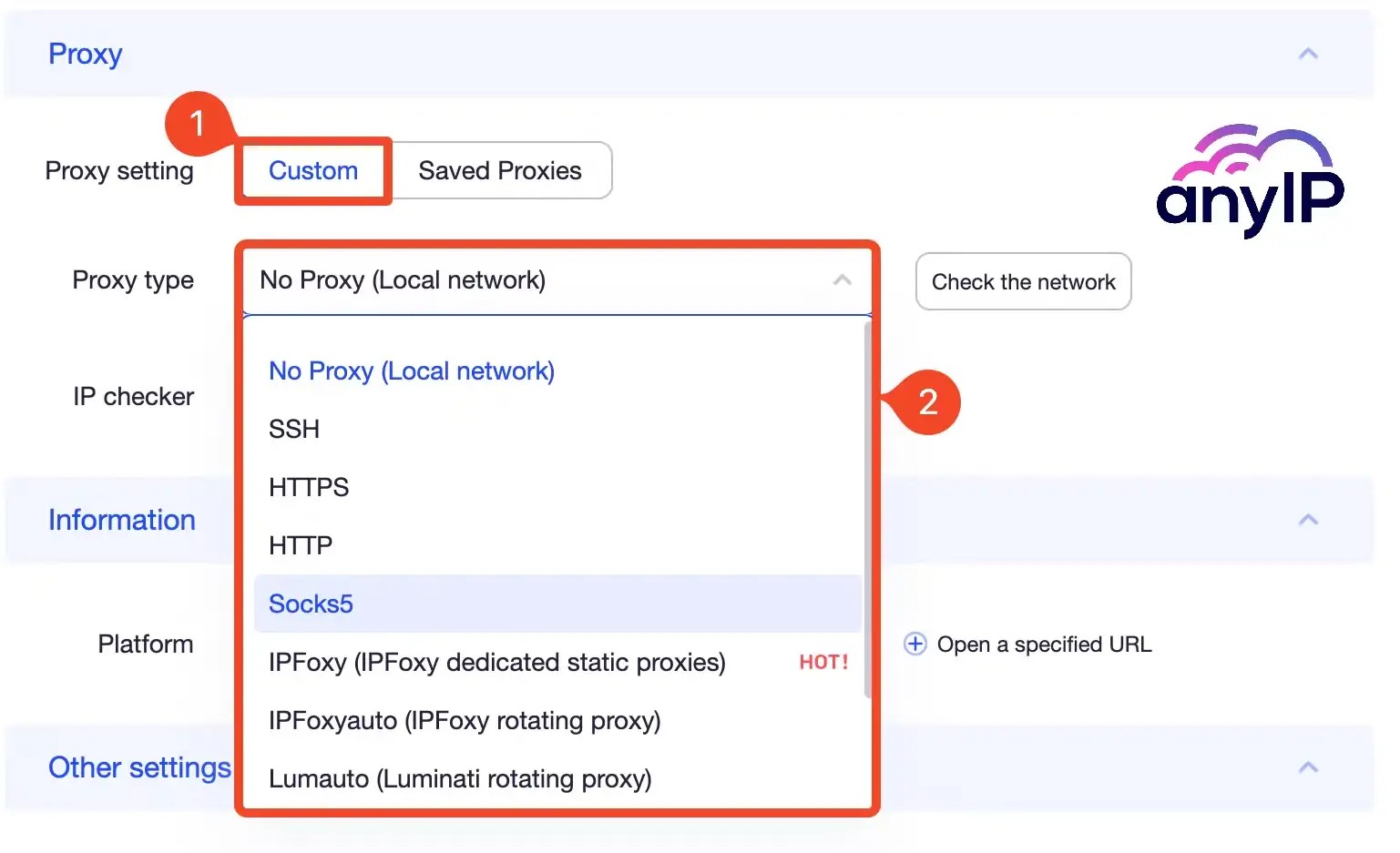 All the proxy protocols available on the adspower application