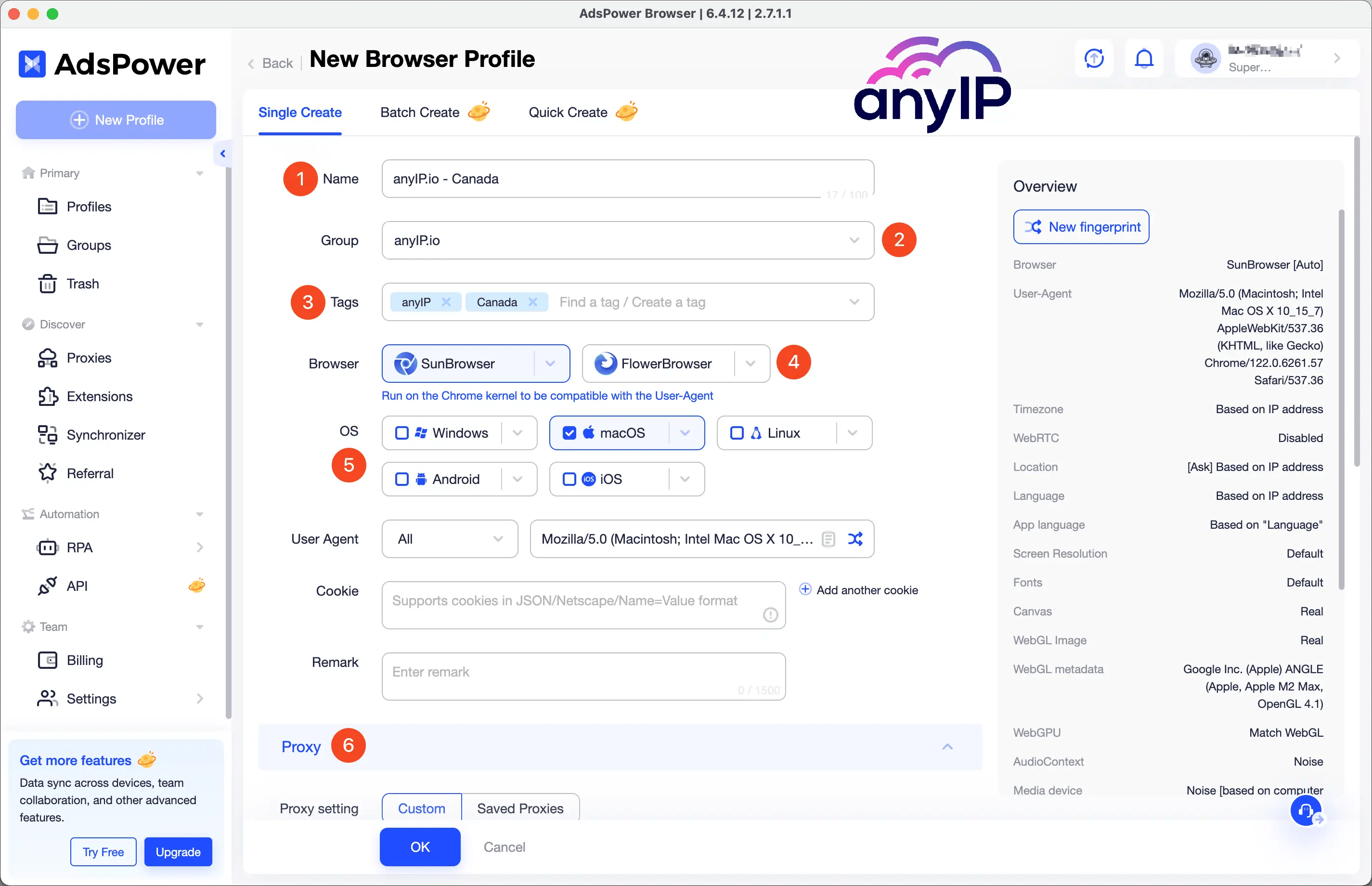 Profile creation form with field to specify basic information such as name, group, browser or proxy