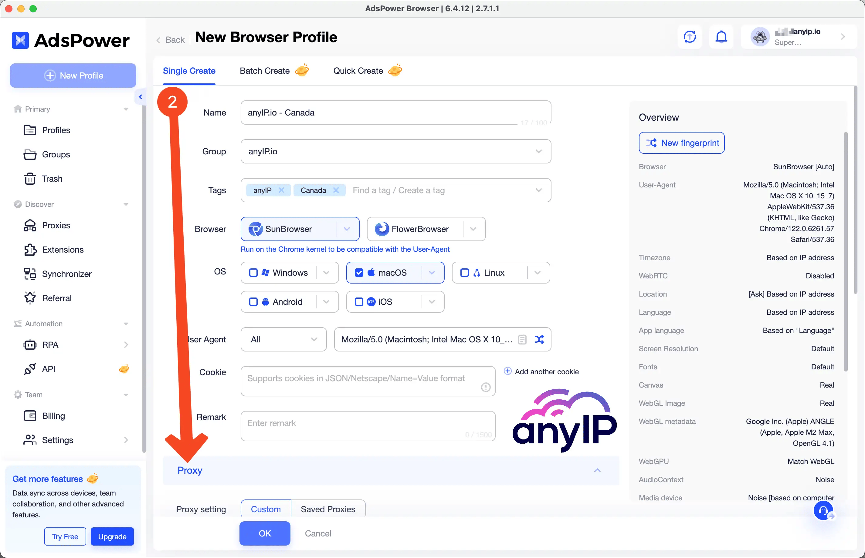 How to access the proxy settings section when creating a profile on Adspower