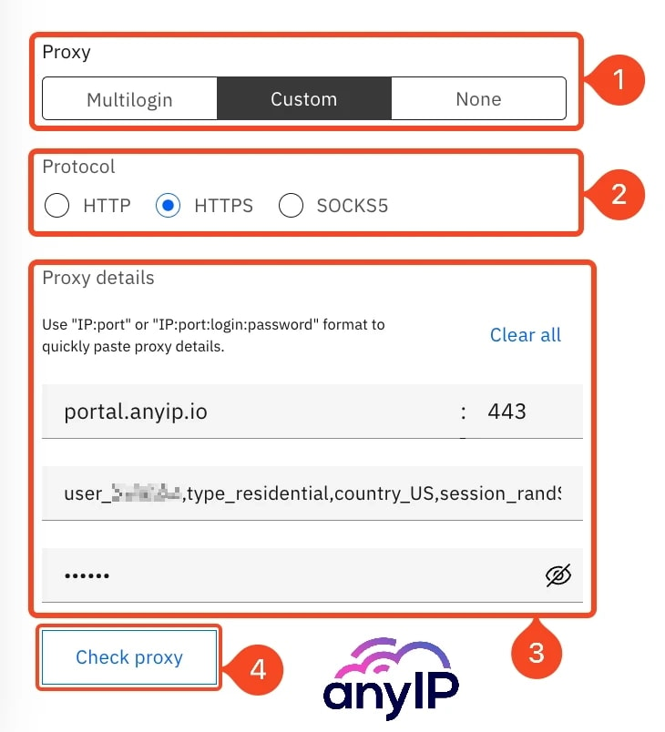 Proxy section when creating a profile browser on Multilogin