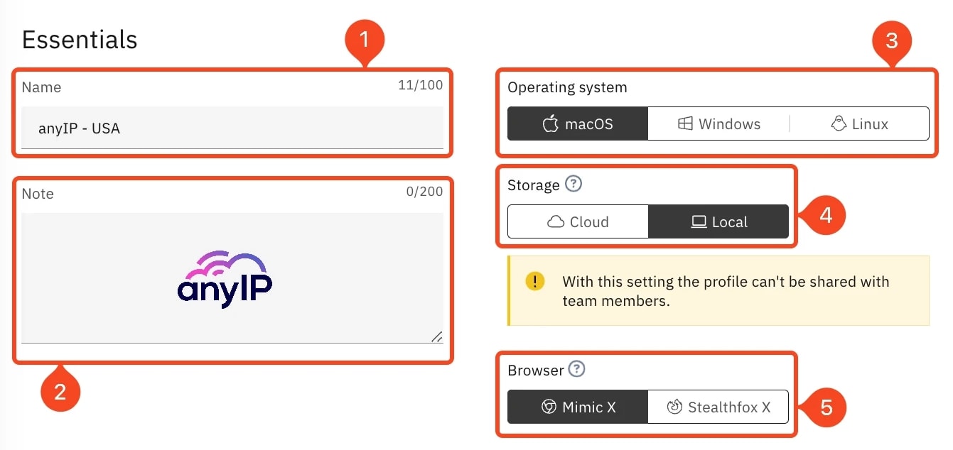 The essential section includes name, note, OS, storage and browser selection on the creation profile.