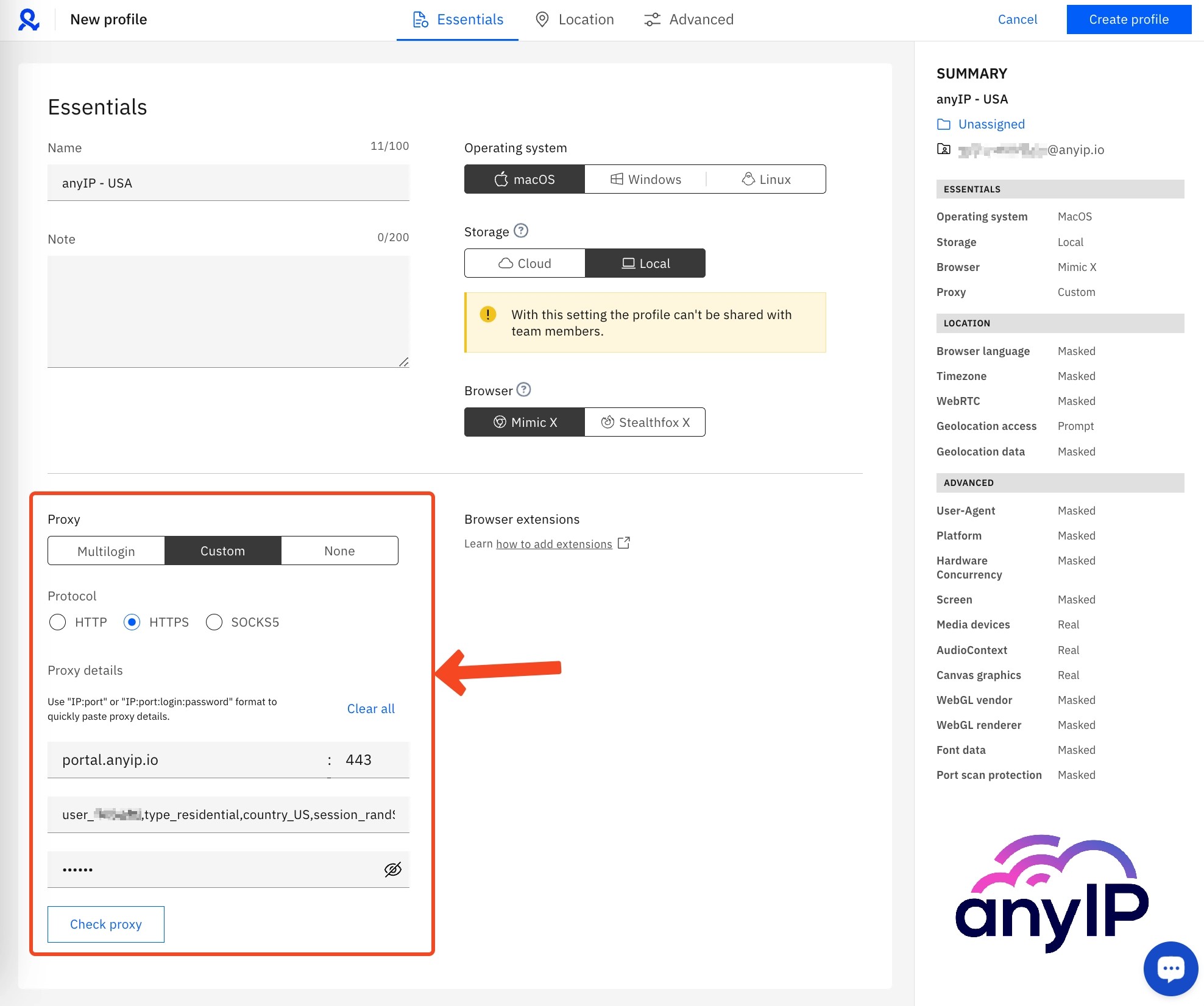 Profile creation form on the Multilogin web application