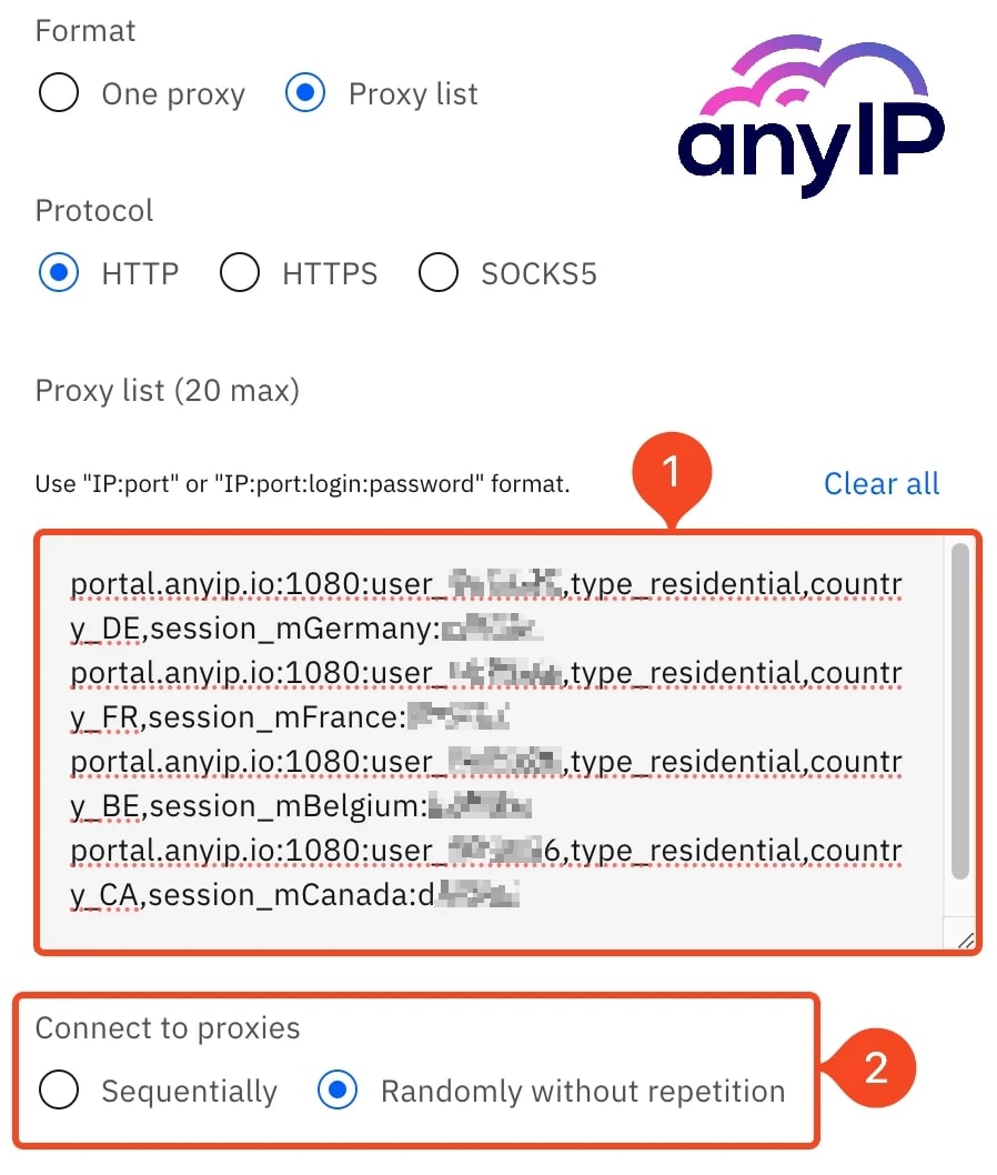 Example of a proxy configuration when creating quick profiles