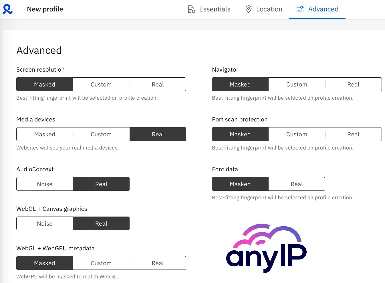 The advanced section to set up the screen settings of a browser