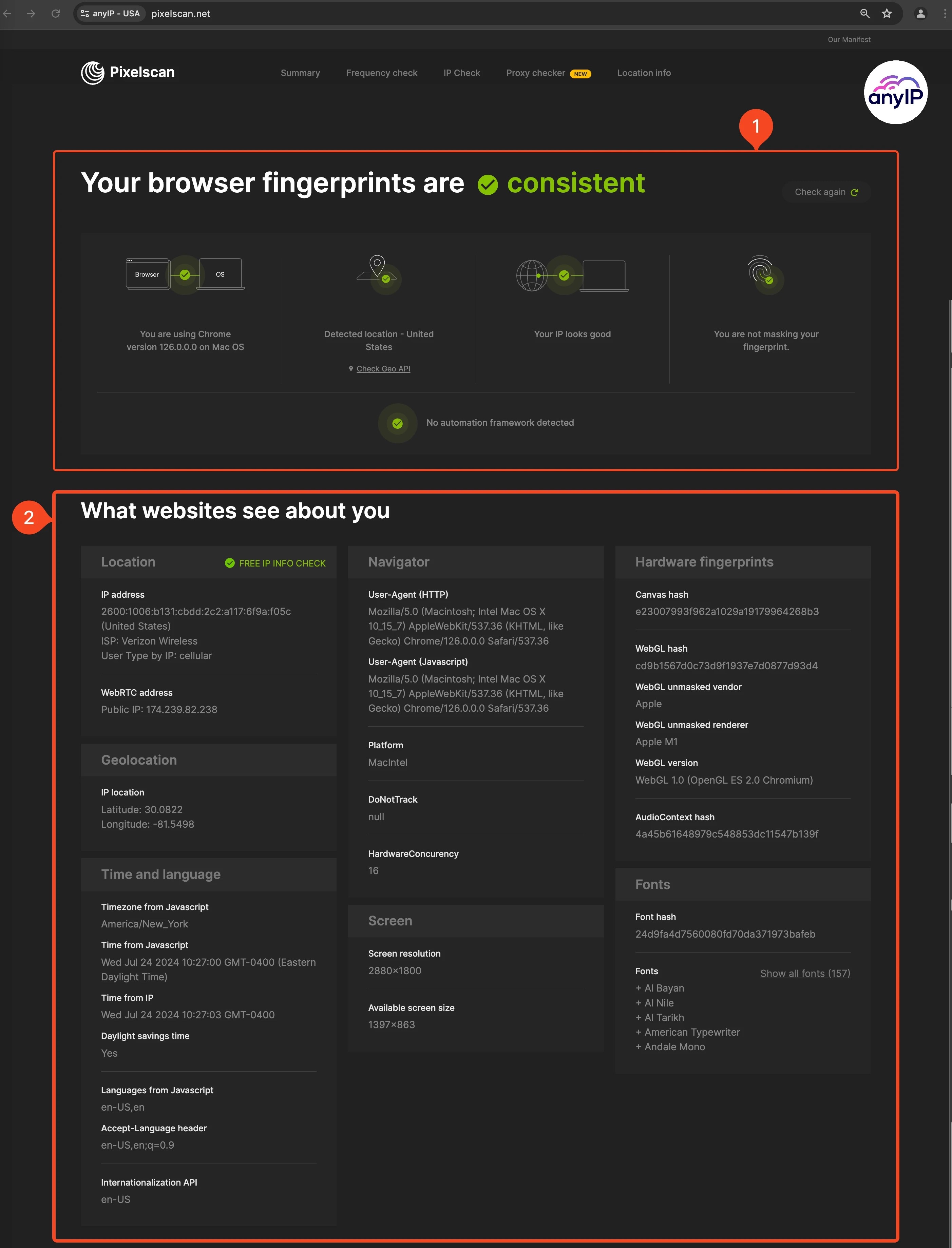 Result of a Pixelscan fingerprint test from a Multilogin’s profile