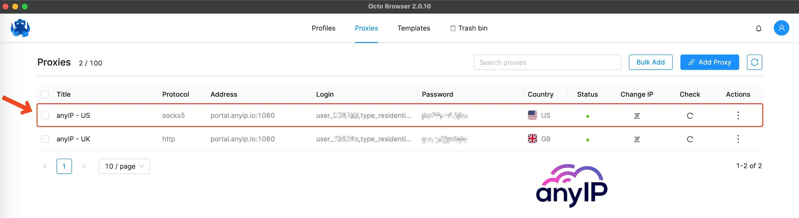 Available proxy list on the proxy tab