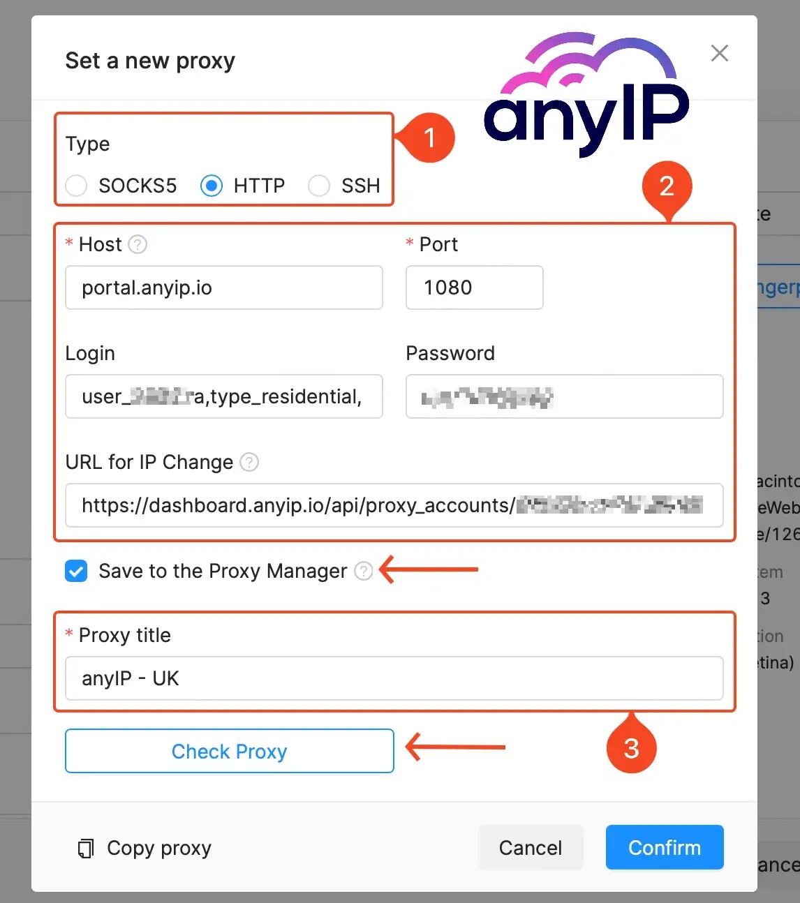 Example of proxy settings while configuring a profile