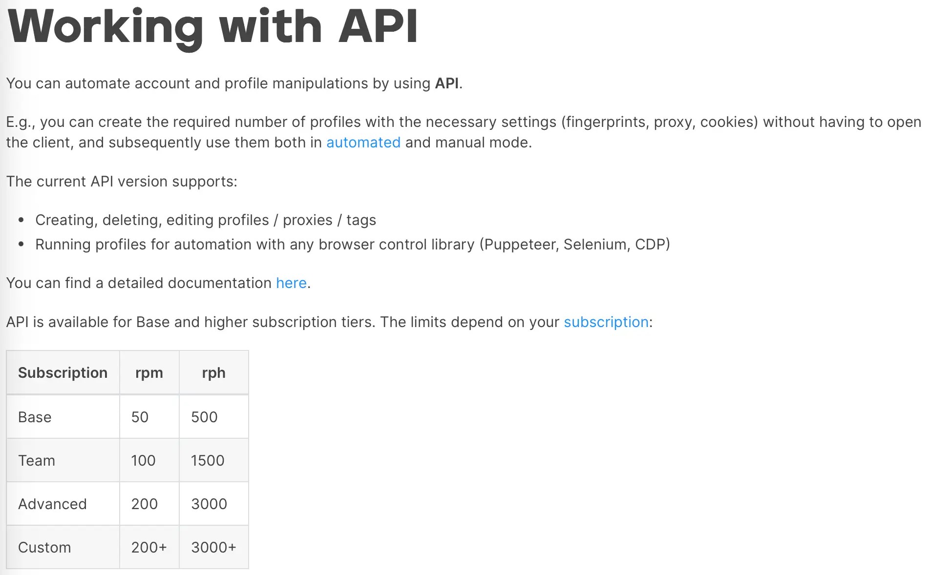 The Octo Browser remote API documentation homepage. 