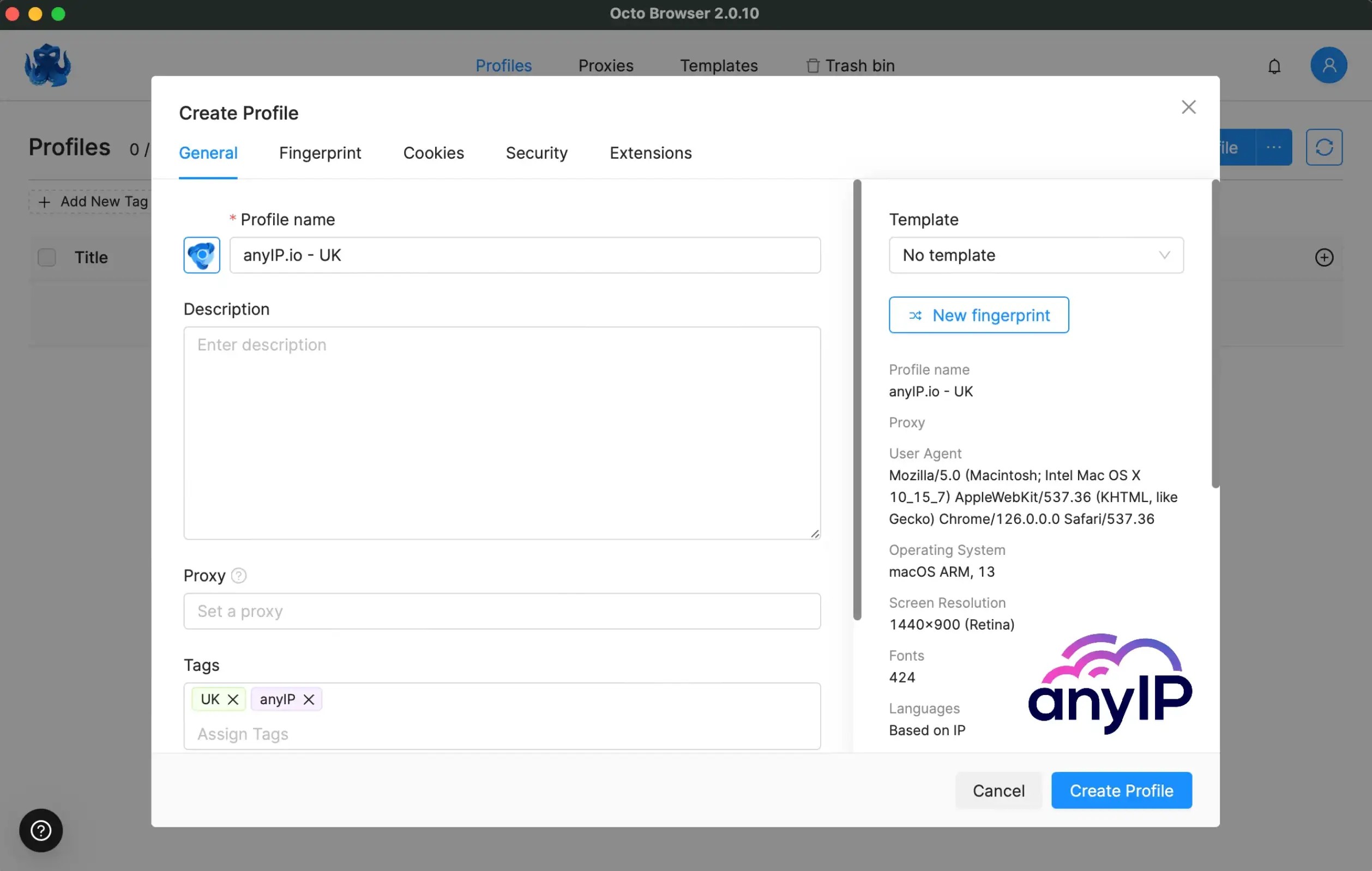 New profile form overview with all the basic information and fingerprint recap