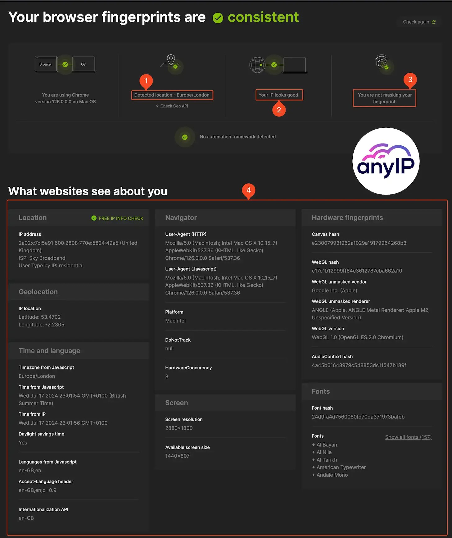 pixelscan.net fingerprint check from an Octobrowser’s profile