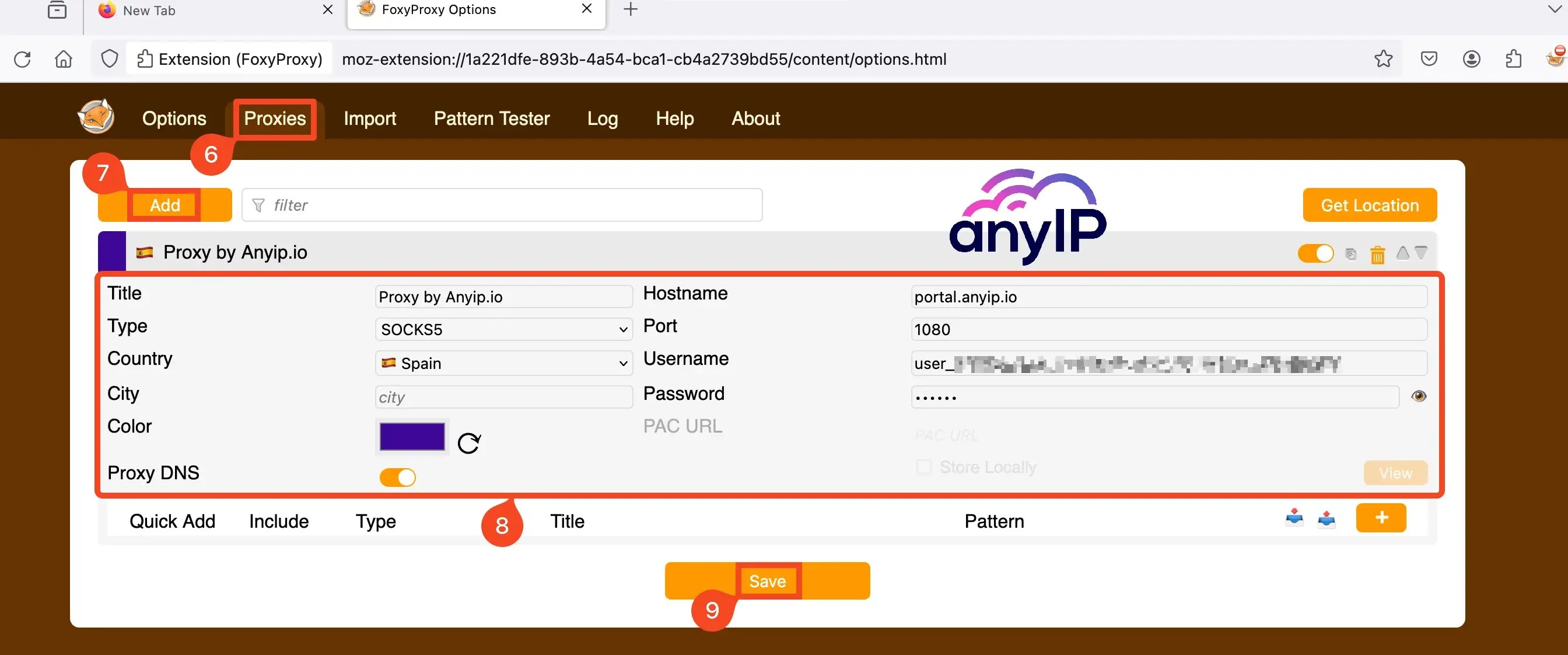 Example of a newly added proxy configuration in FoxyProxy