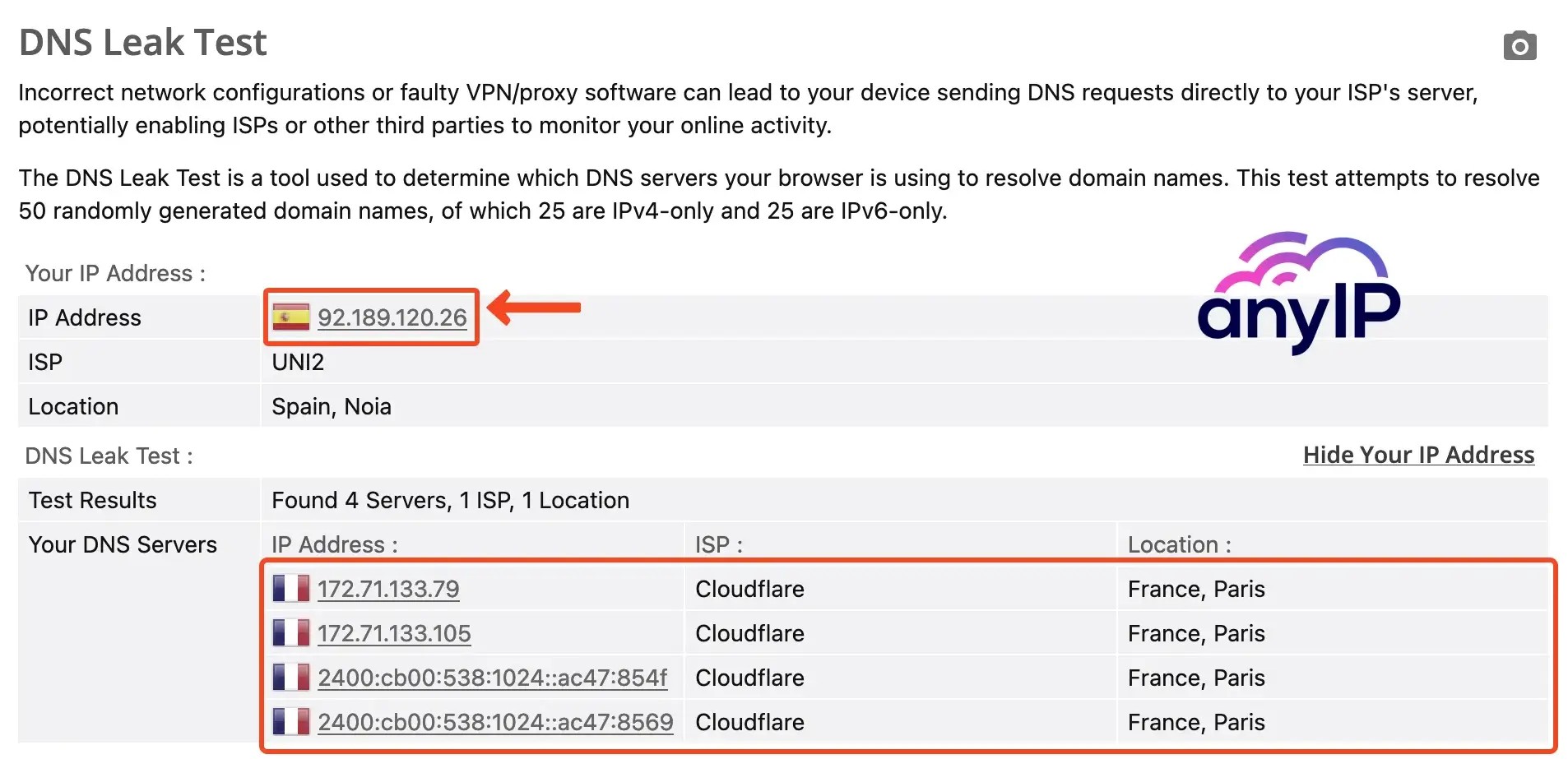 Screenshot of a BrowserLeaks test result highlighting a DNS leak