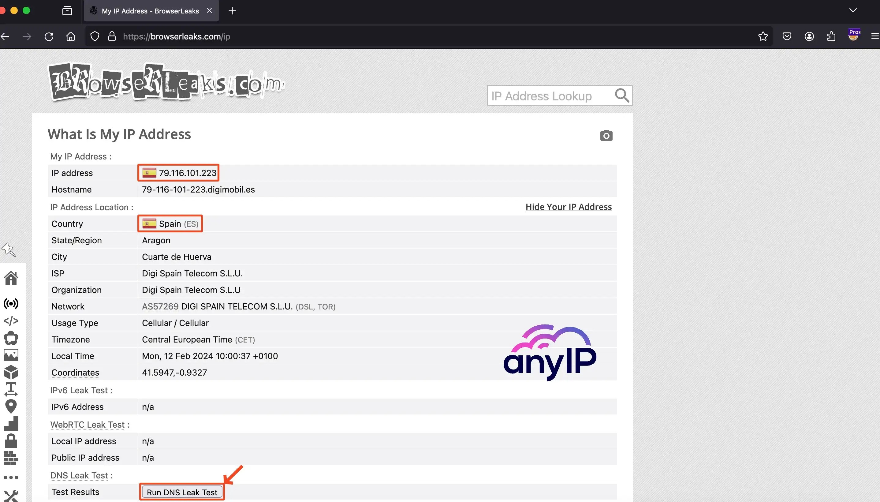 browserleaks results using a proxy on Firefox