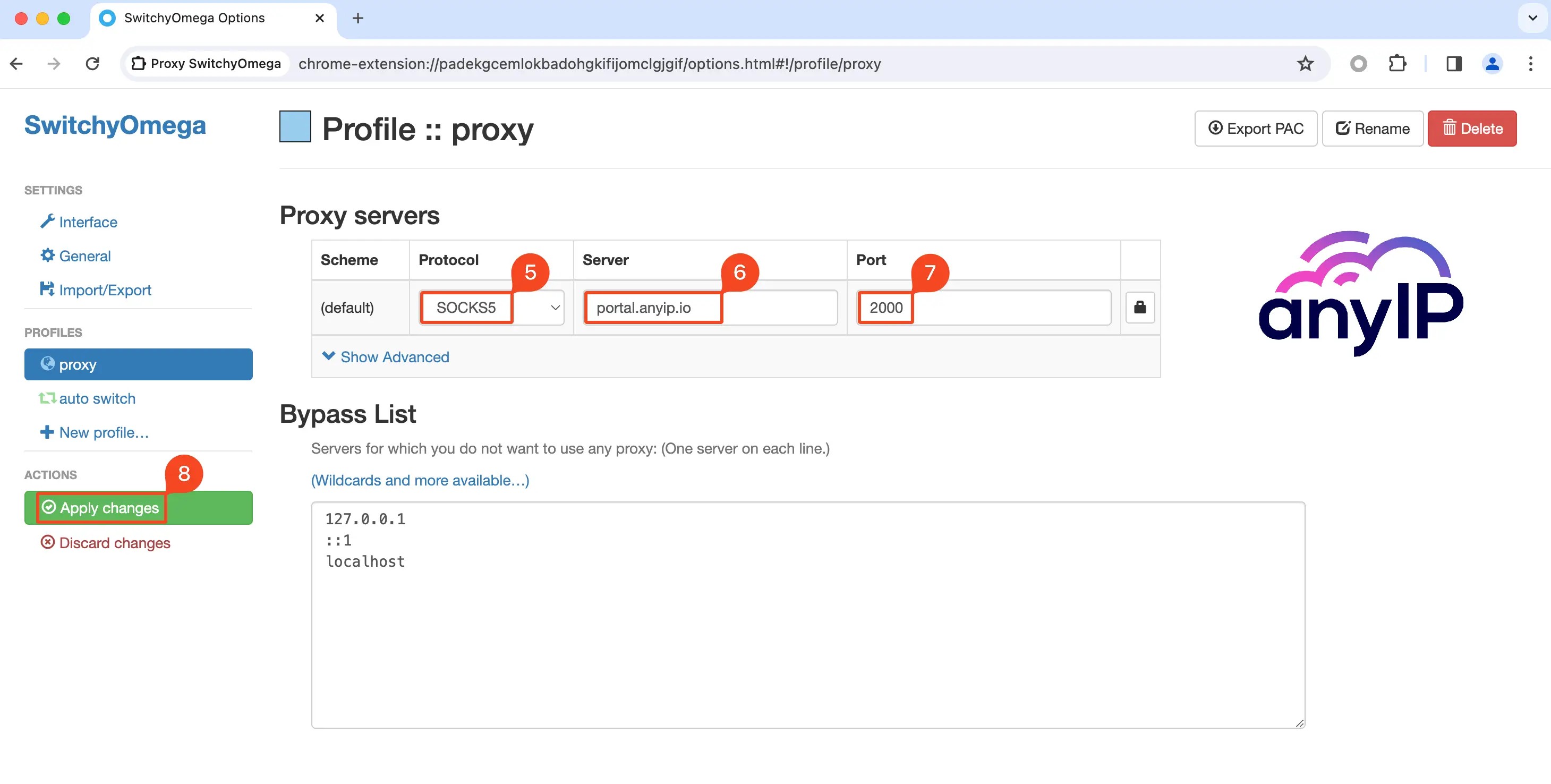 Detailed view of the proxy configuration process in SwitchyOmega