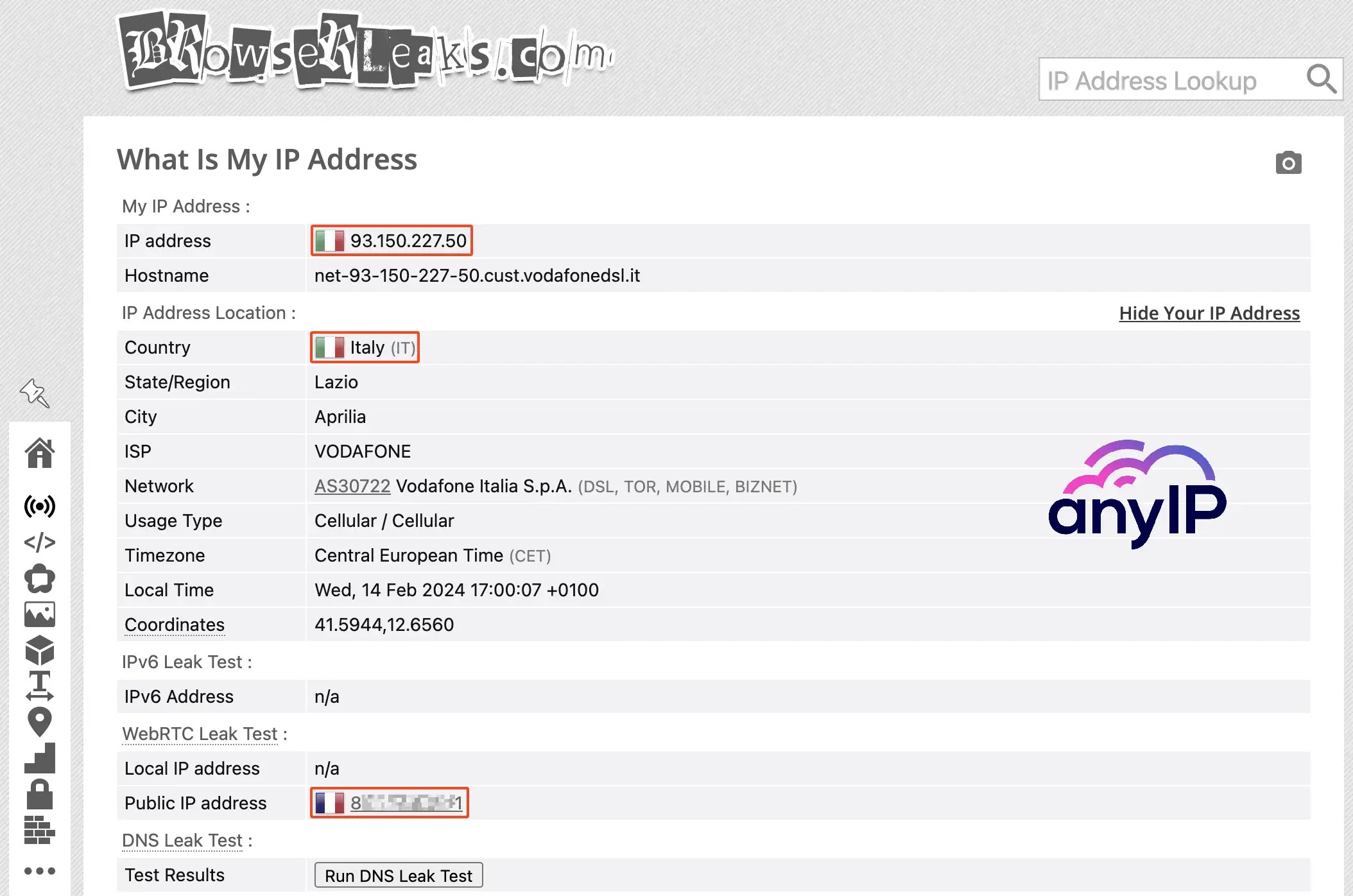 Browserleaks.com IP scan results using switchomega