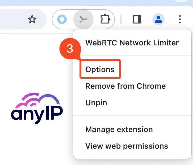 How to access the options menu in WebRTC Network Limiter.