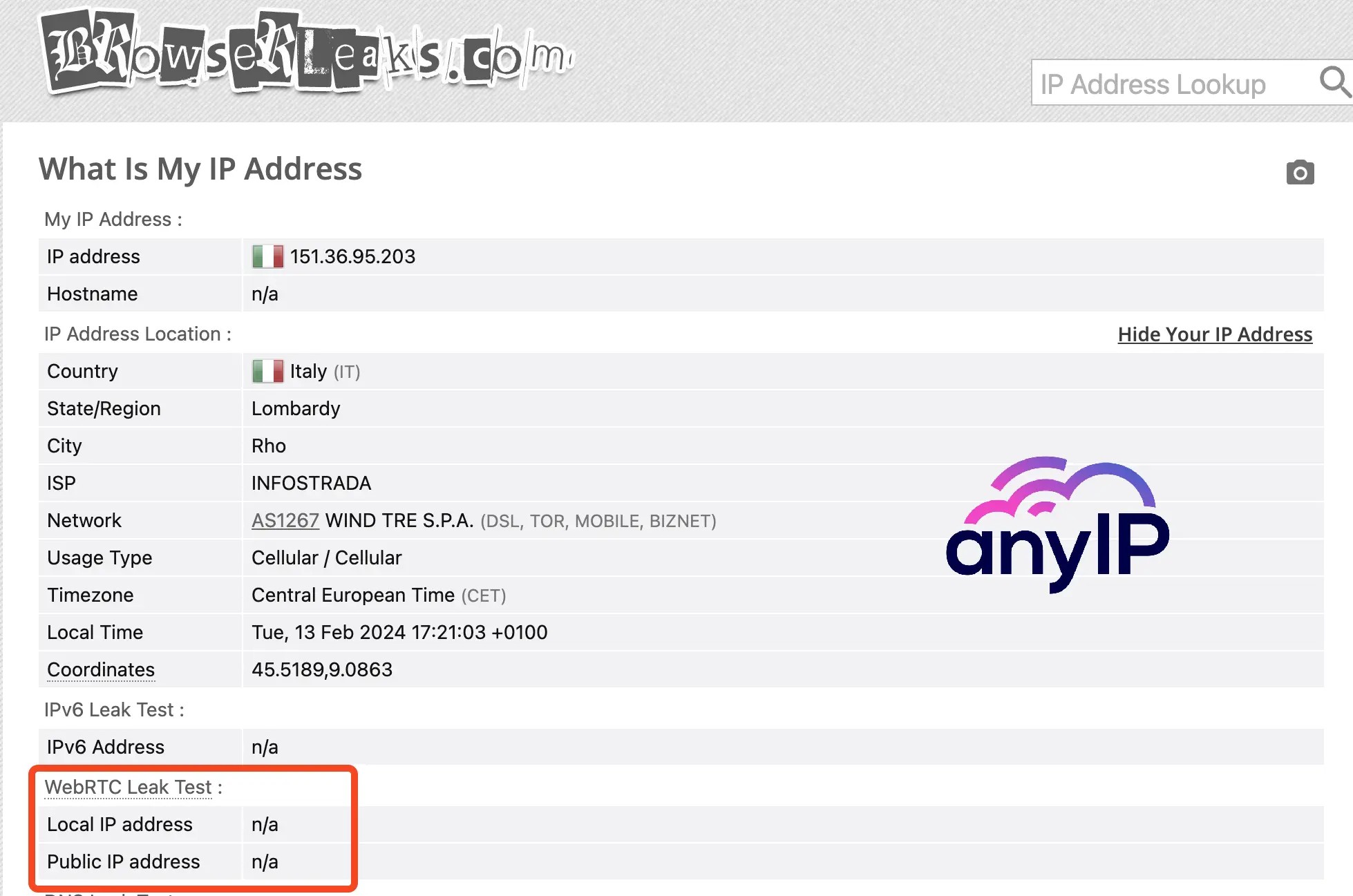 WebRTC test showing no leak when using the WebRTC network limiter extension