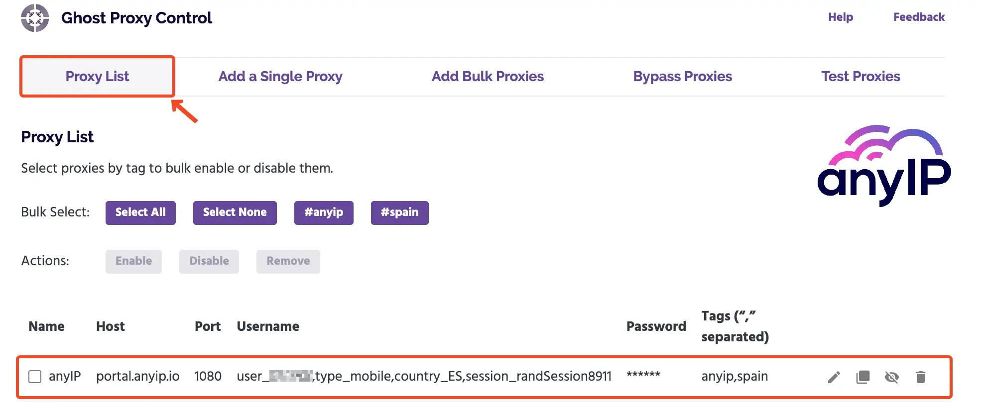 Displaying the list of available configured proxies on the Ghost Proxy Control Extension