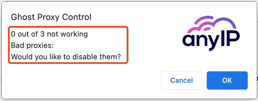 Results of the proxy connection tests in the Ghost Proxy Control extension