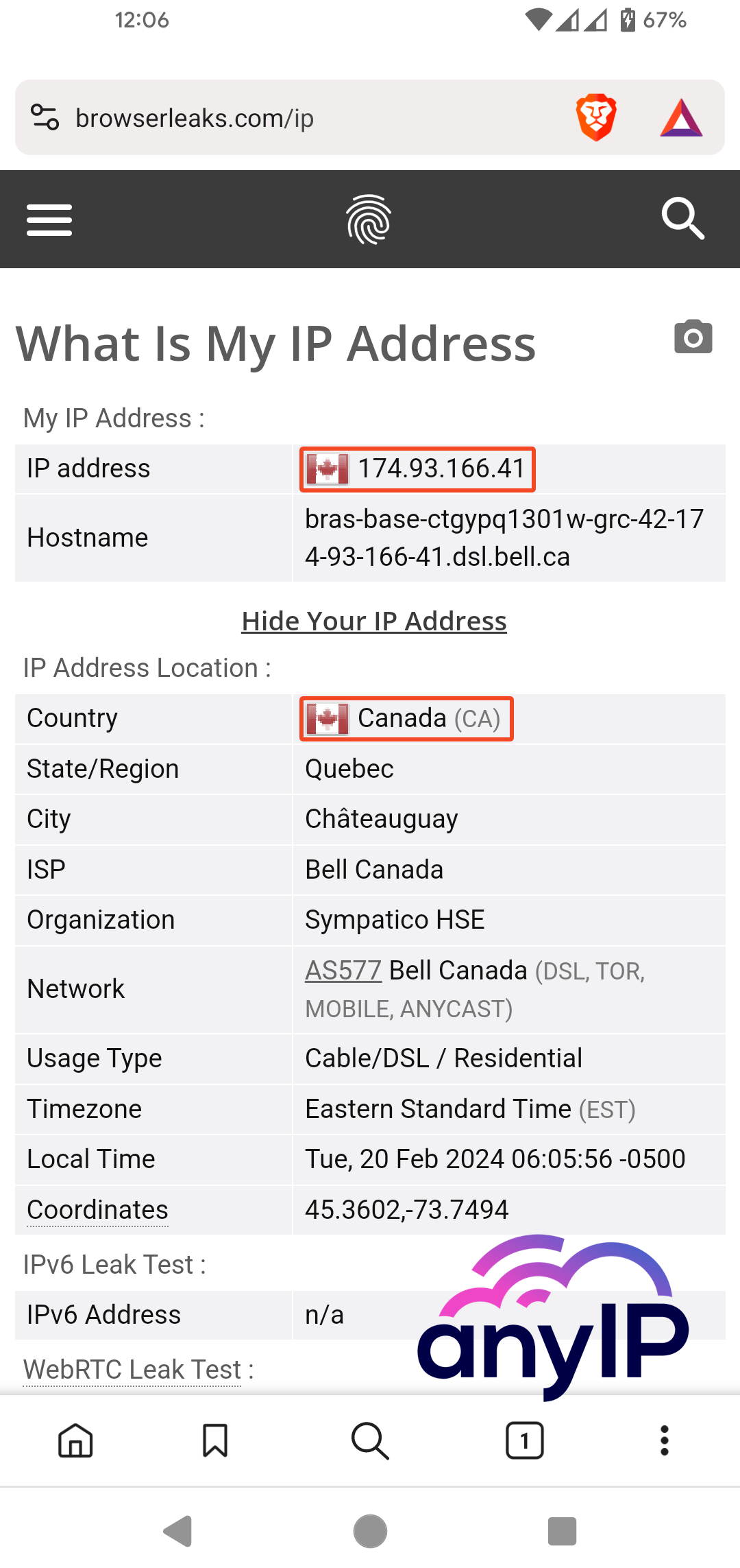 Browserleaks.com results showing my IP address details after configuring the proxy