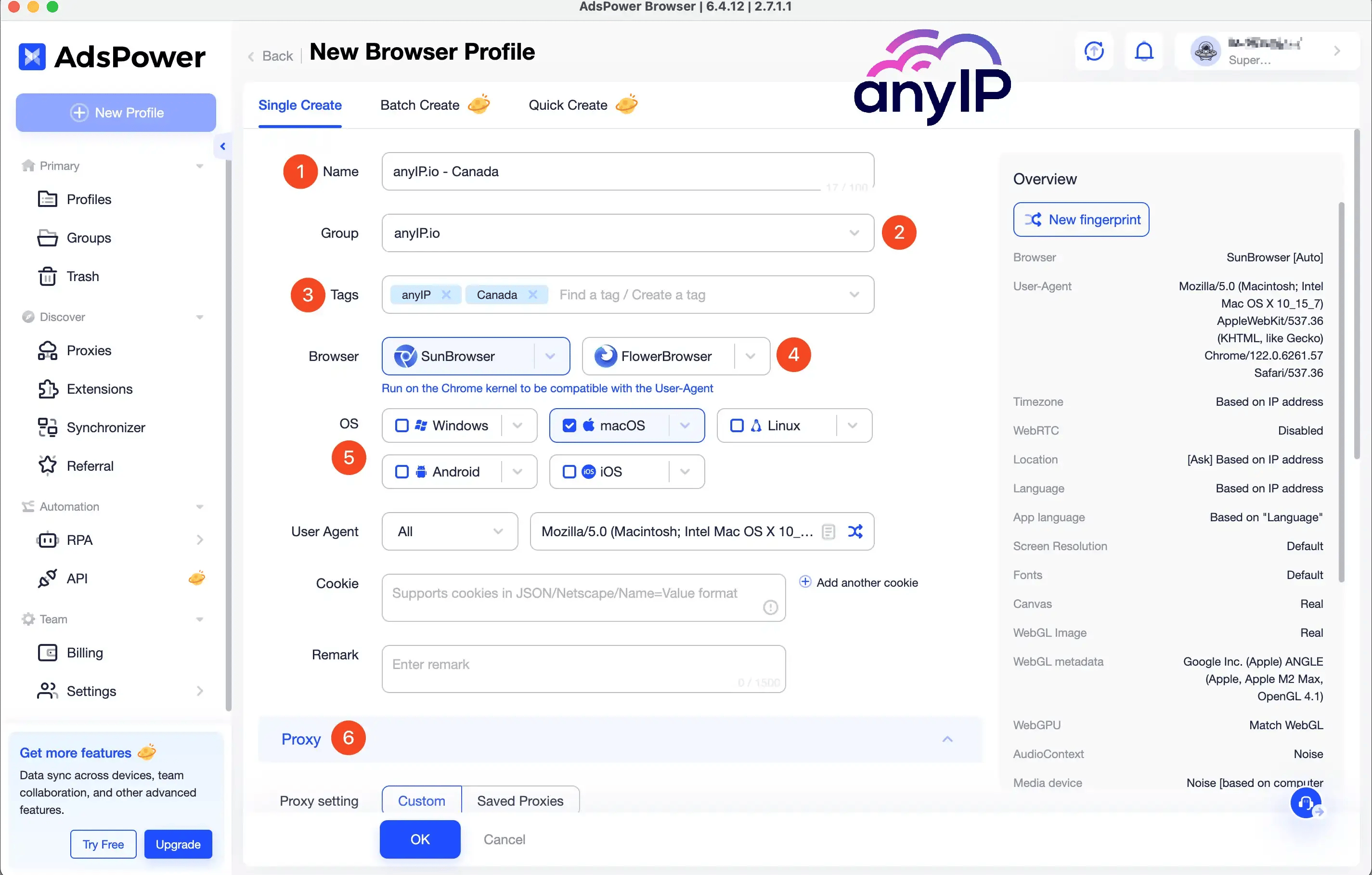 Profile creation form with field to specify basic information such as name, group, browser or proxy