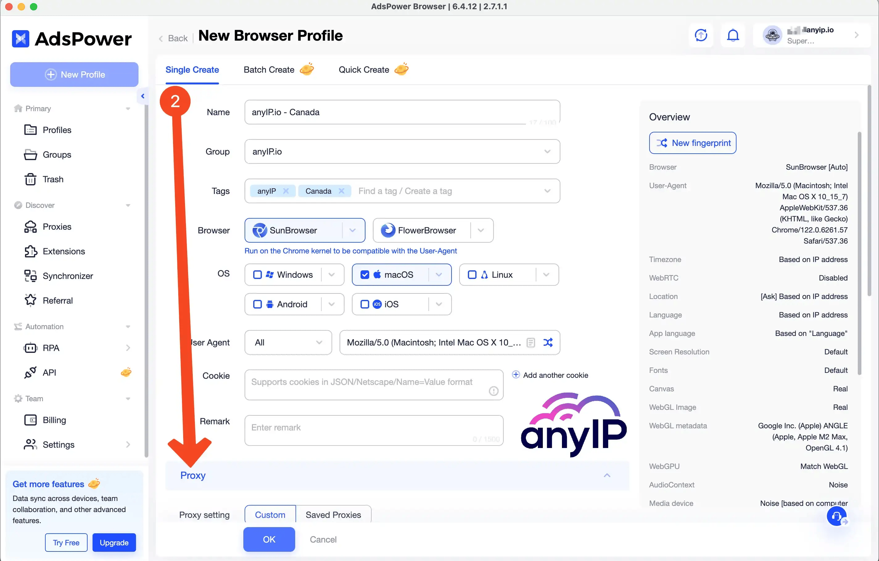 How to access the proxy settings section when creating a profile on Adspower