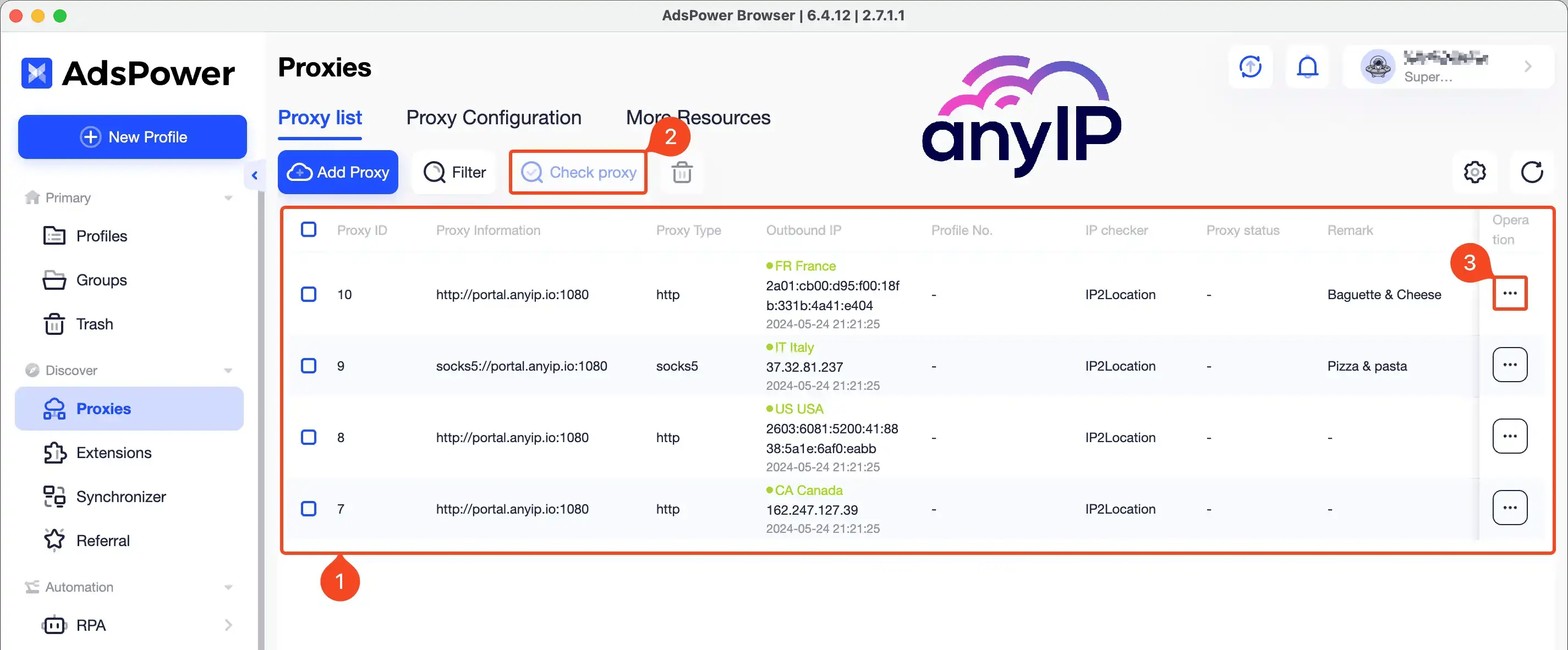 Procedure to check the proxy connection on the Adspower proxy’s list