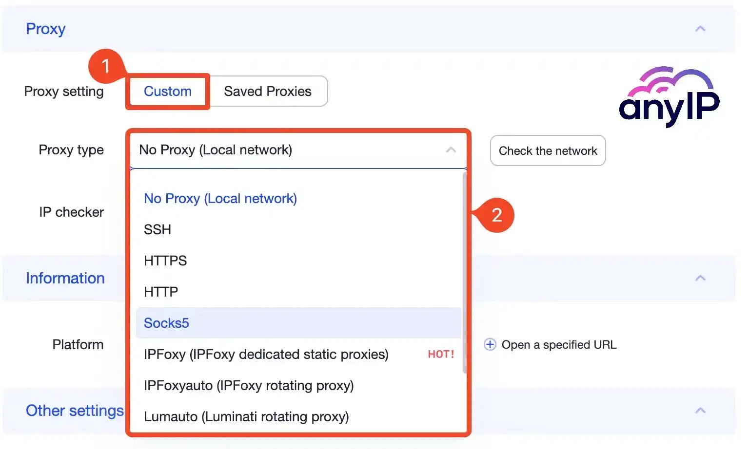 All the proxy protocols available on the adspower application