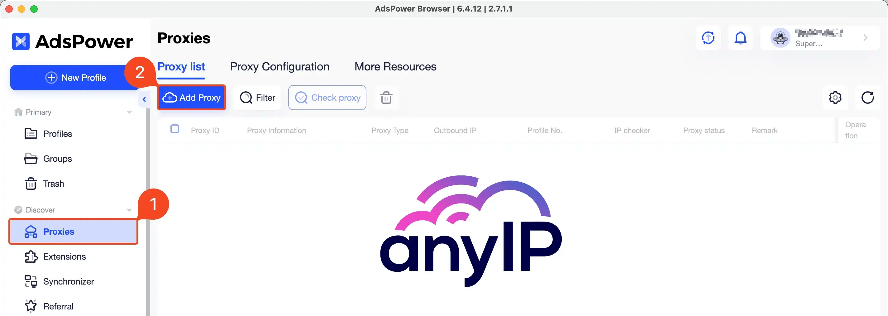 Step-by-step guide to accessing the proxy list and configuring a new proxy in AdsPower