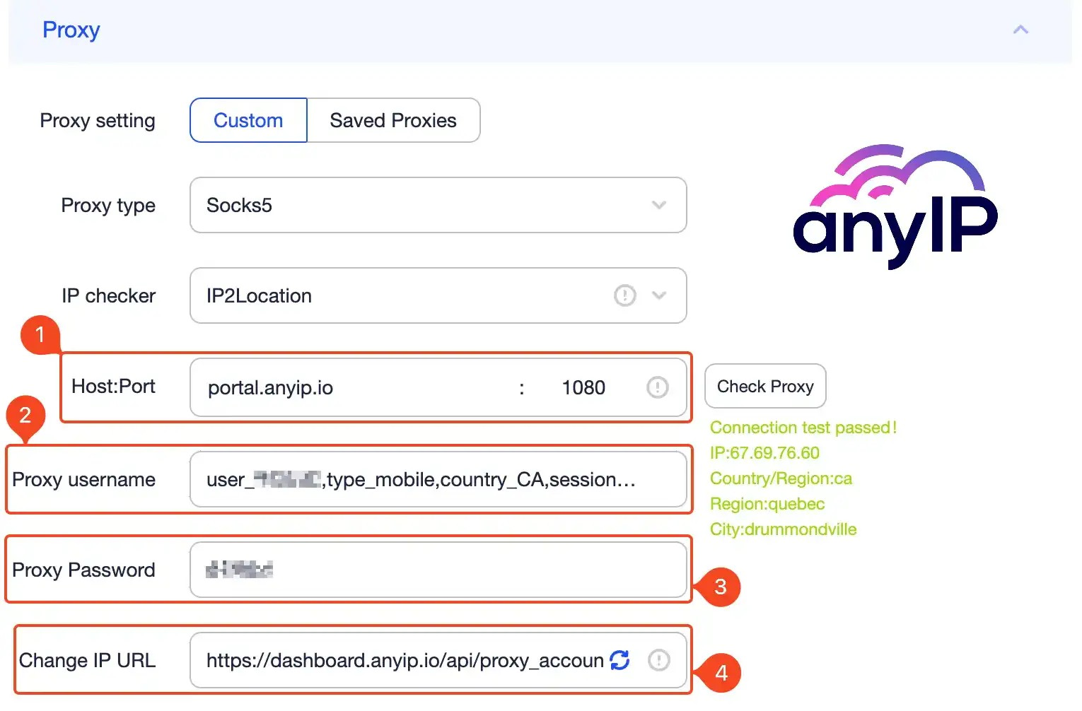 An example of how to configure a custom proxy on adspower during the profile creation