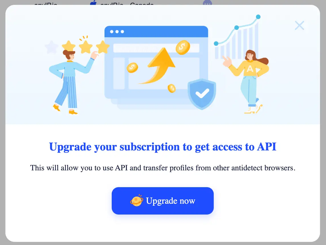 Adspower warning message to upgrade account to use the AP