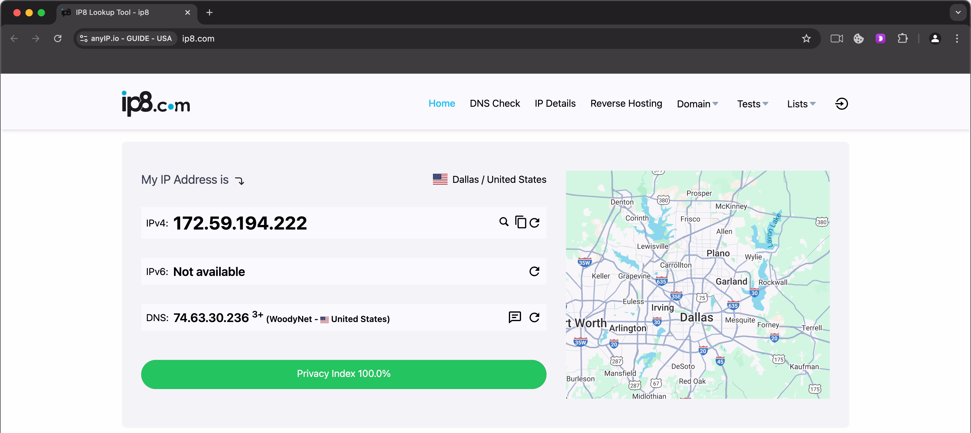 IP8.com results from a profile on Dolphin Anty.