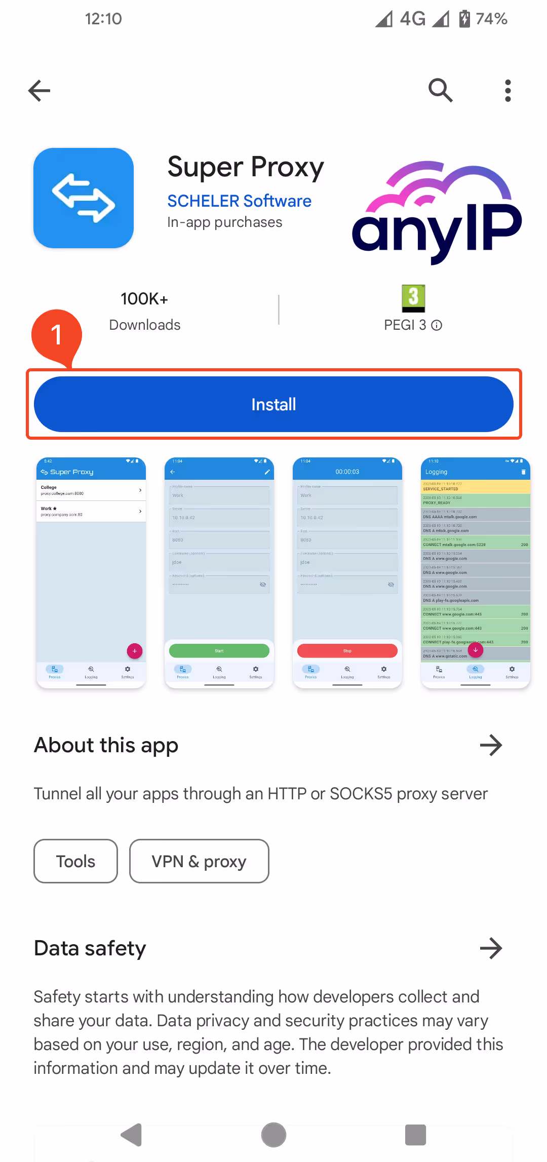 How to install “Super Proxy” from the Play Store on Android.