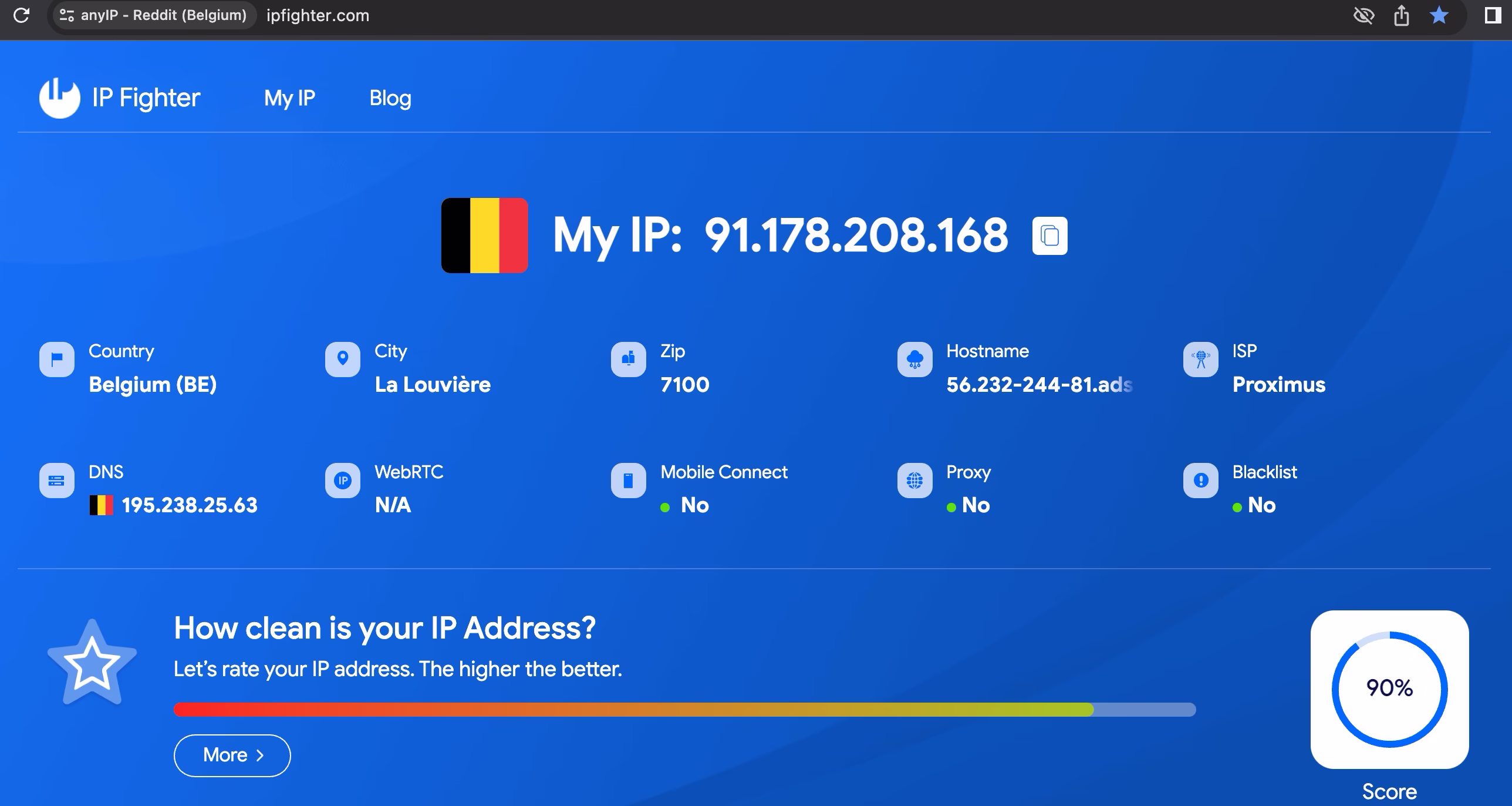 Ipfighter.com analysis results with an anyIP.io proxy