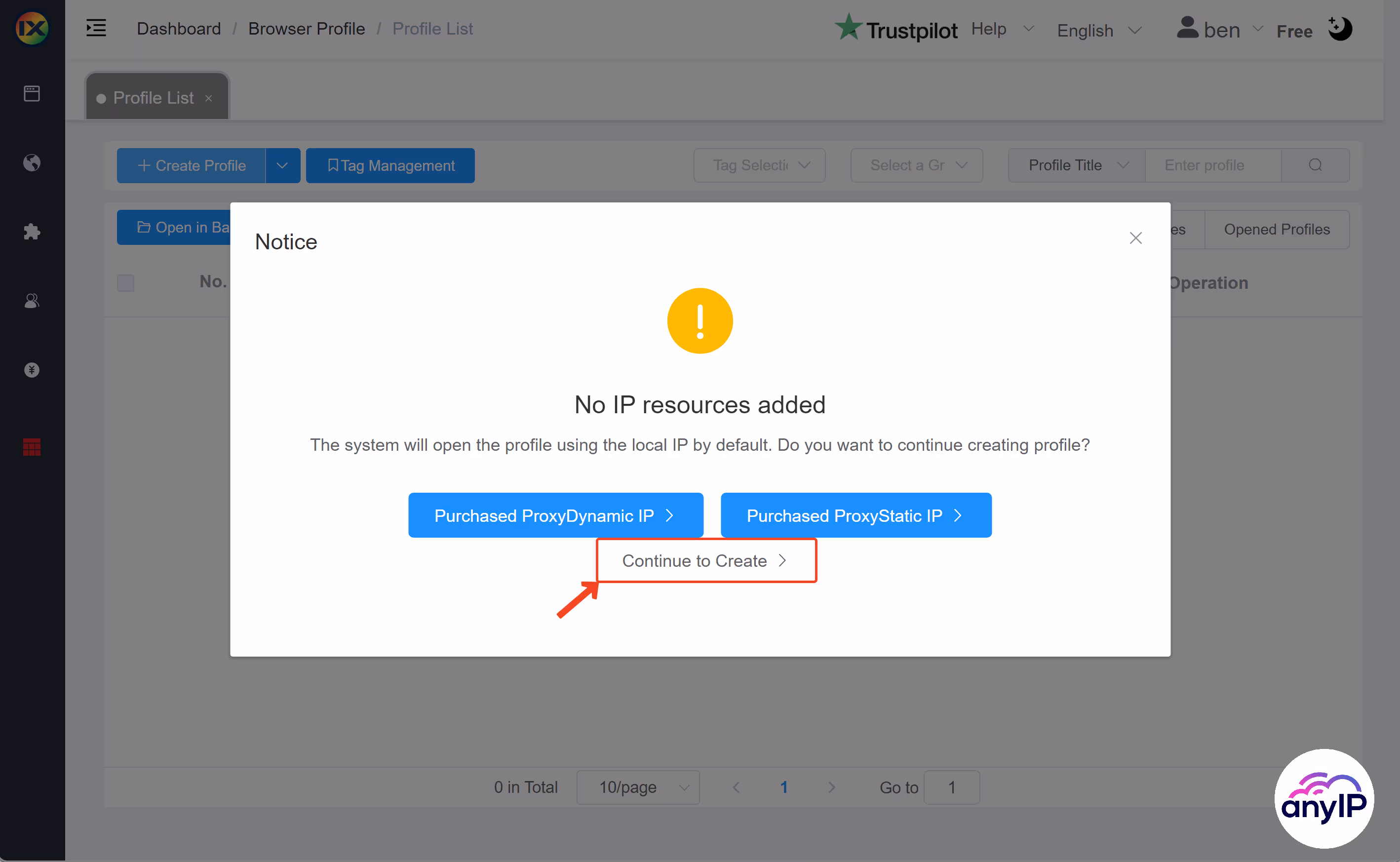 Warning message when creating a profile with no proxy on the ixBrowser application