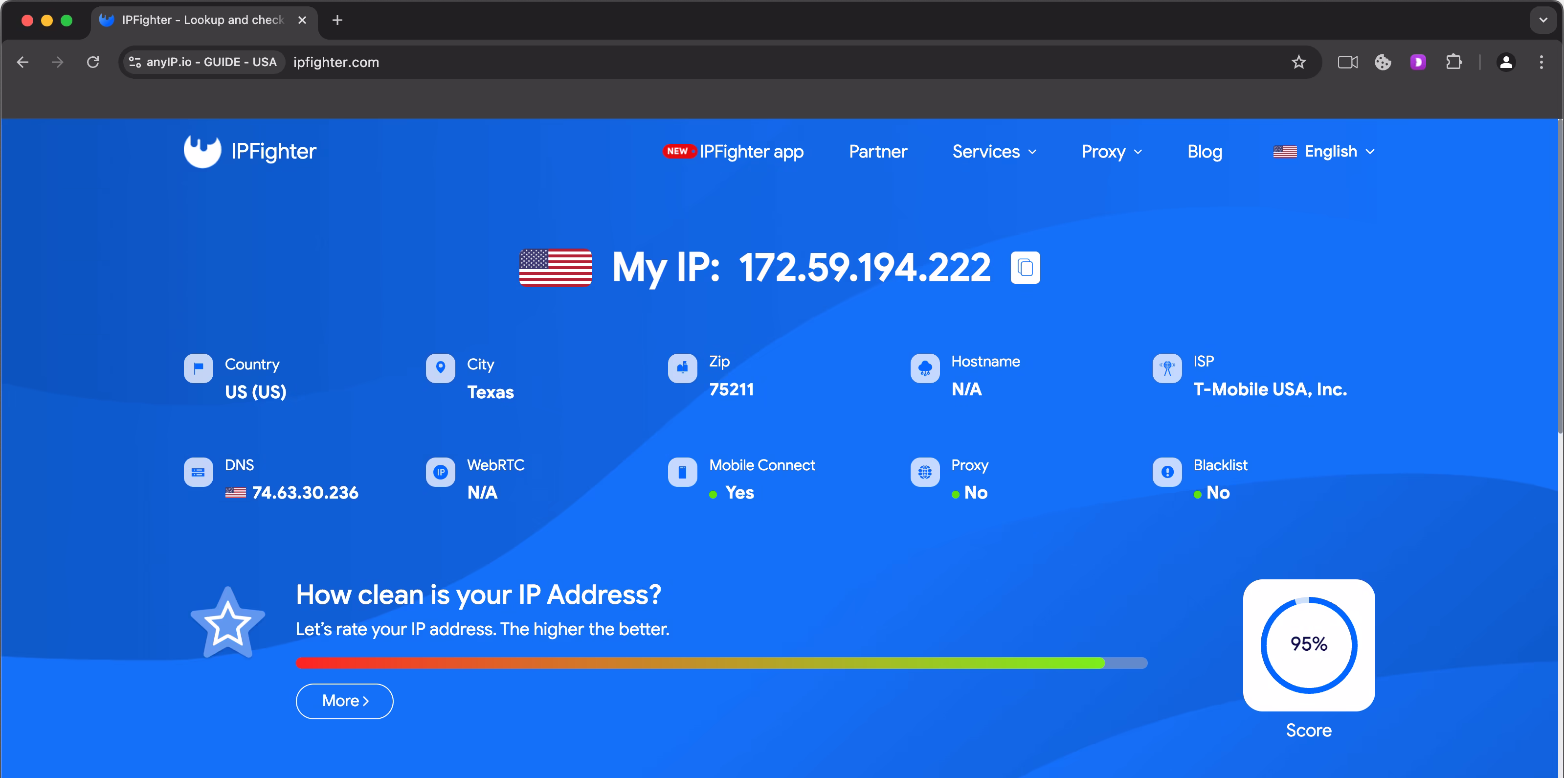 Ipfighter.com analysis results with an anyIP.io proxy