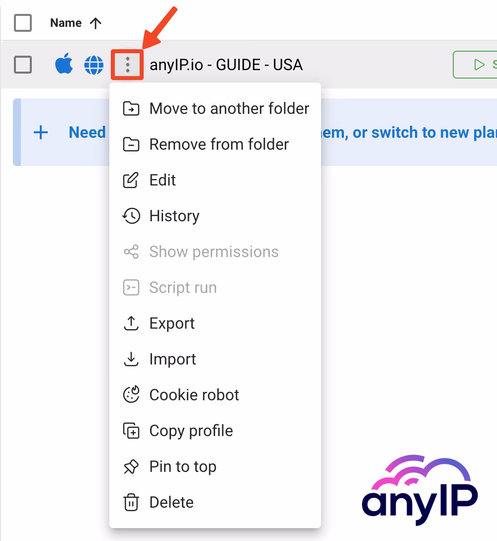 Dolphin Anty contextual menu to get access to all profile option like edit or delete