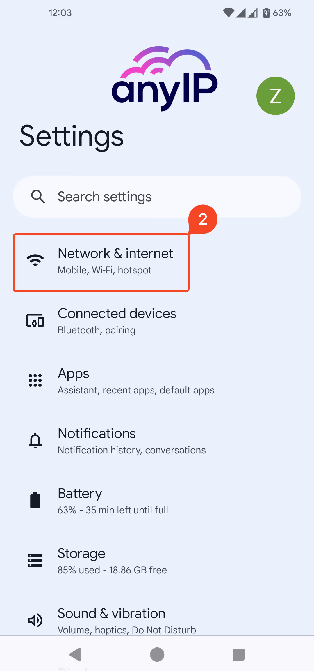 Access the Android Network & Internet parameters to configure the proxy on the Wifi
