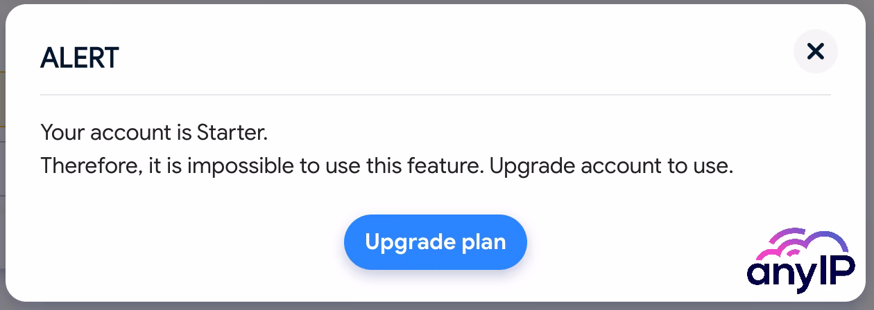 Alert when selecting a mobile OS with a starter plan on Hidemyacc