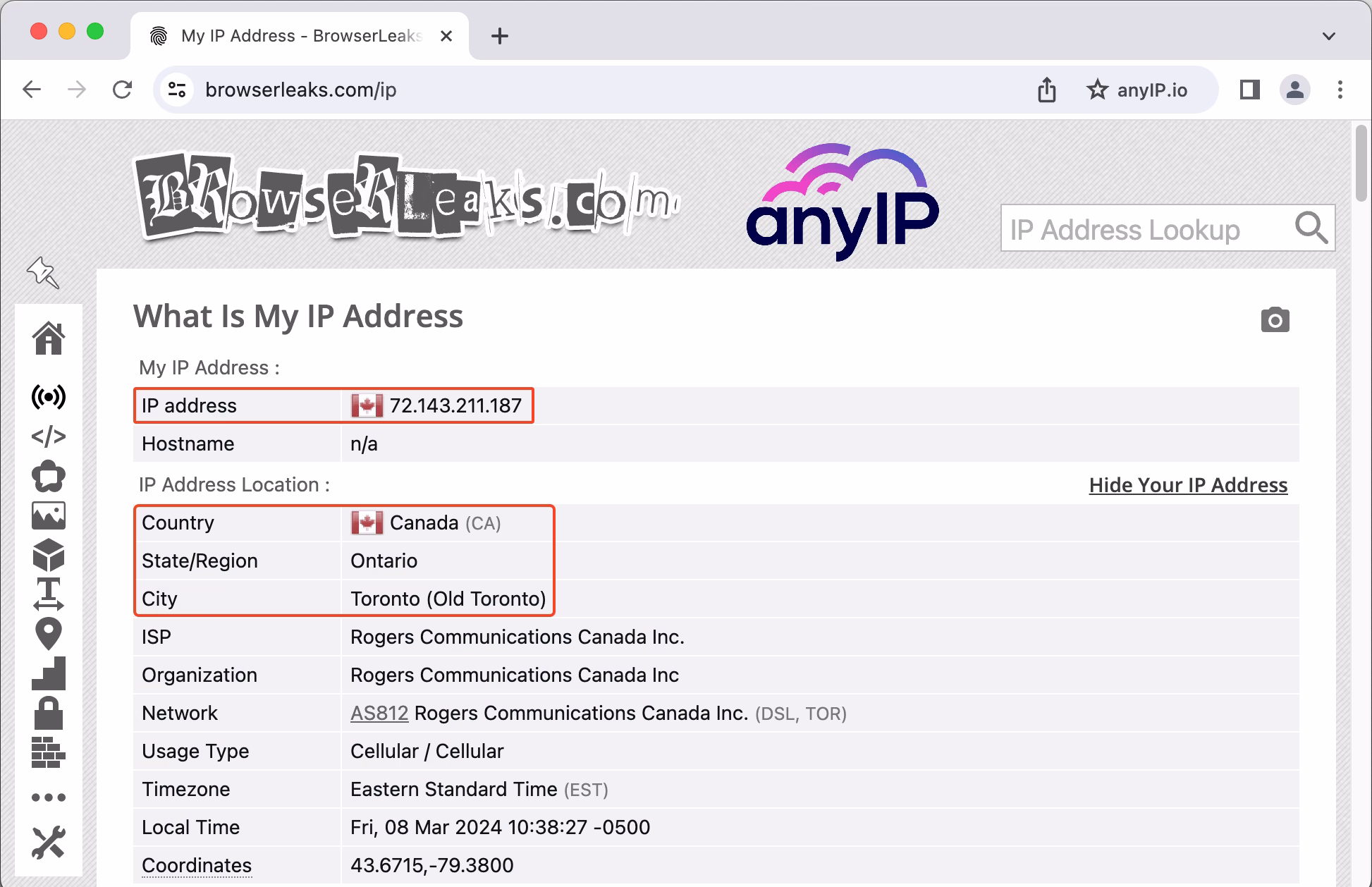 IP information when running a profile on Incognition, showing the location and IP