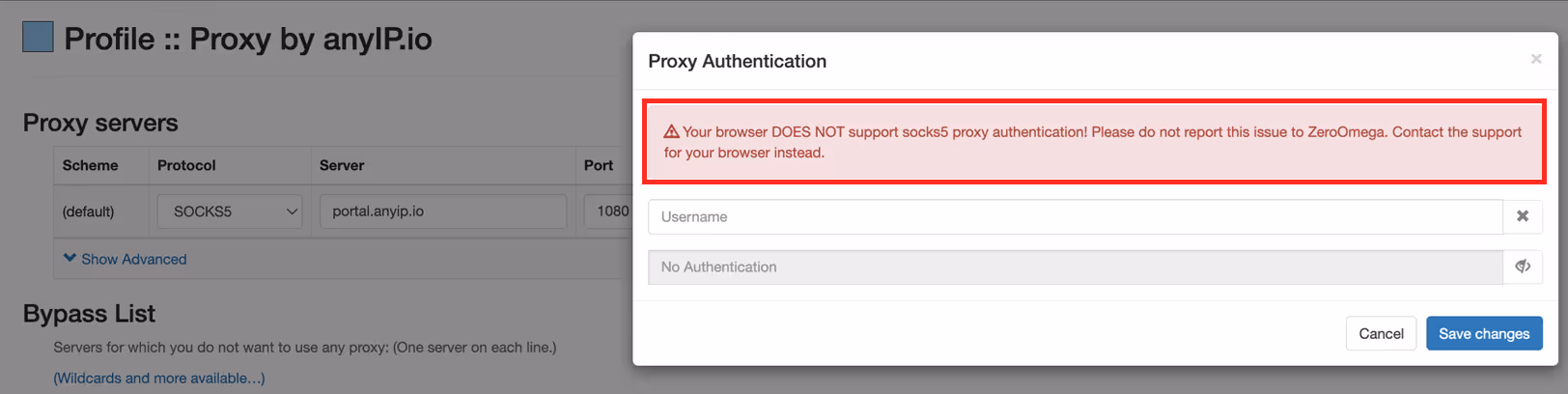 Chrome proxy error when configuring a SOCKS5 authentication proxy in SwitchyOmega (ZeroOmega)