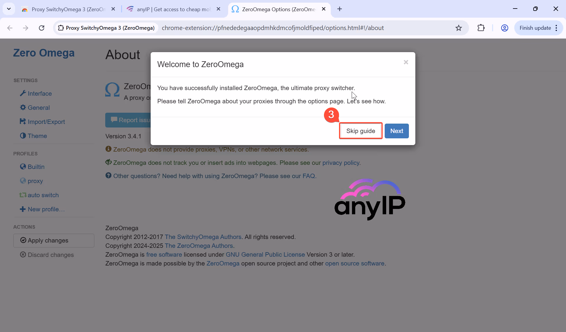 Click on skip guide button to skip the welcome setup guide in SwitchyOmega (ZeroOmega)