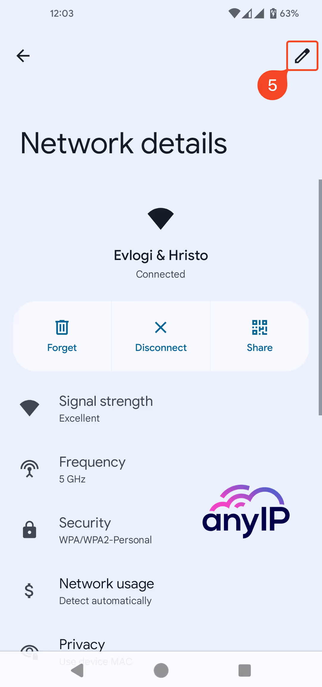 Tap on the pen icon to open the edit wifi network options