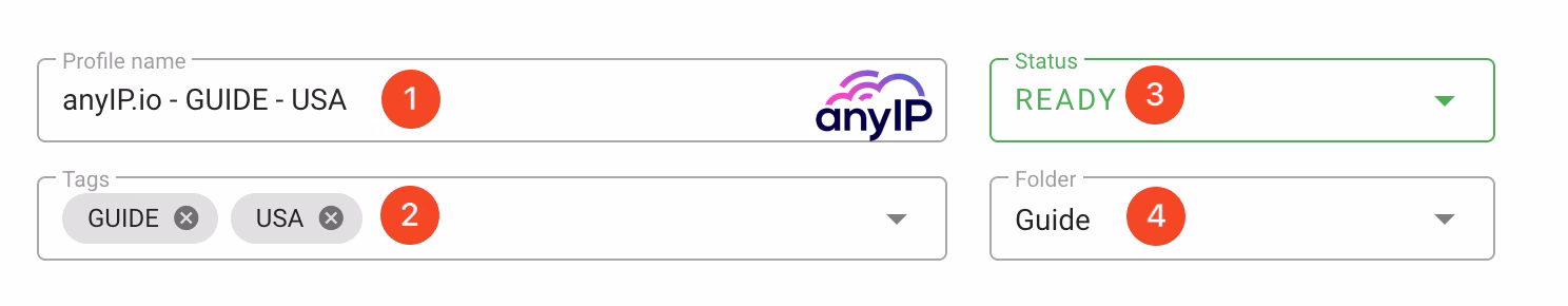 Enter profile name, status, tags and choose a folder in the creation form