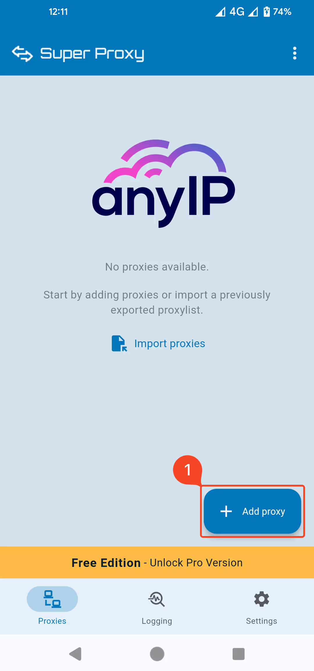 Adding a new proxy server in the Android SuperProxy app