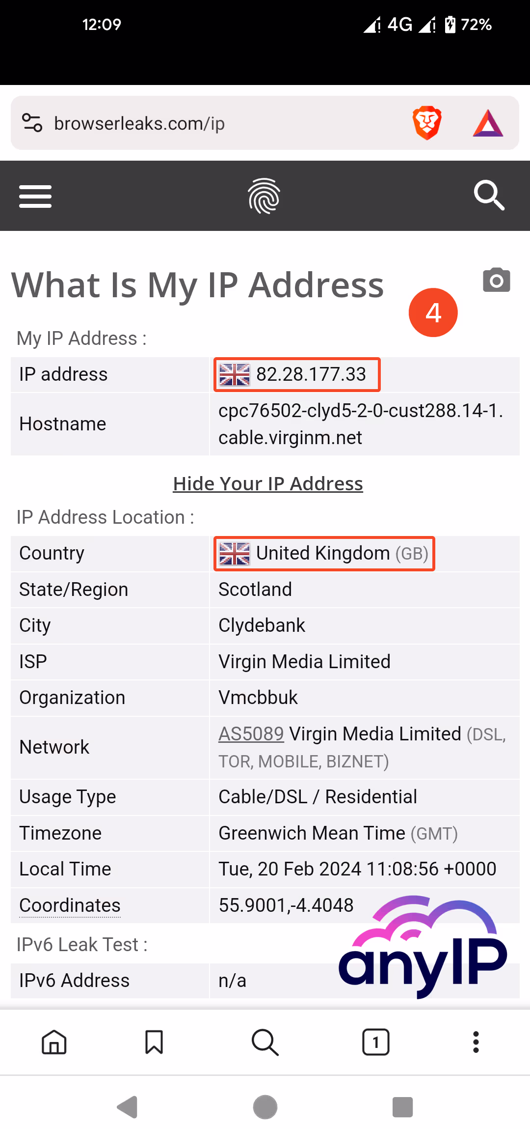 Proxy's IP details using browserleaks.com/ip.